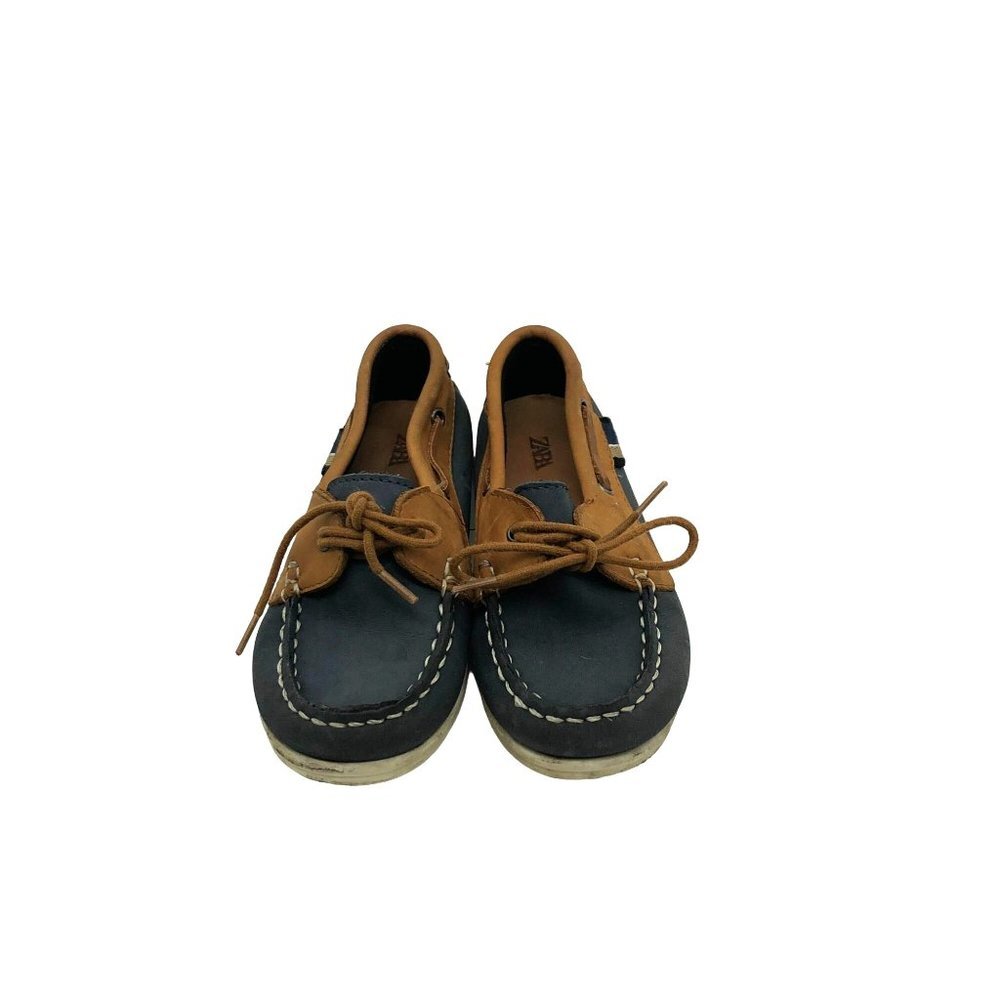 Zara Baby Boys Size 6 EU22 Leather Boat Shoes Loafers Blue Brown Lace‎